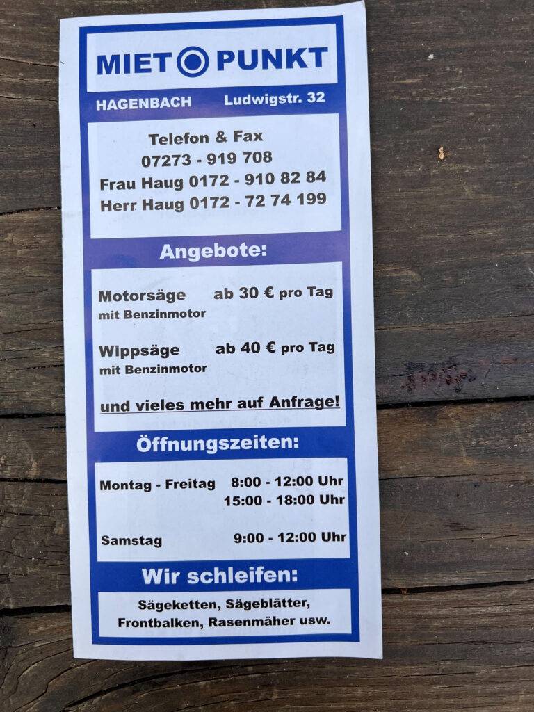 Dies ist der Prospekt des Mietpunkts in Hagenbach mit der Adresse, den Öffnungszeiten und den Preisen.